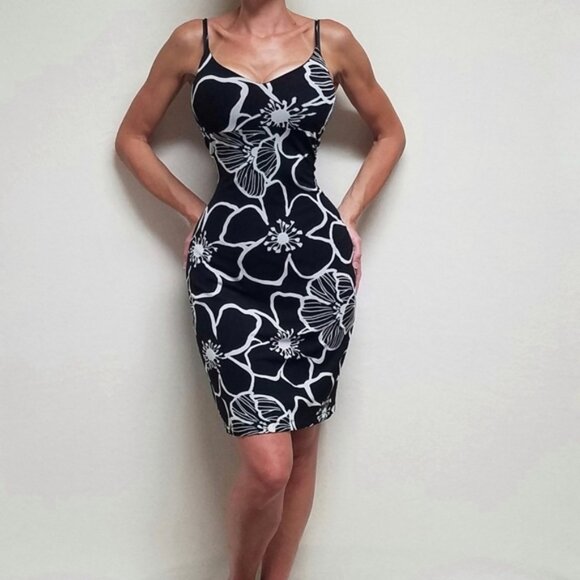 80s Rare Vintage Guess Black White Abstract Ditsy Floral Stretchy Mini Dress L - Picture 2 of 15